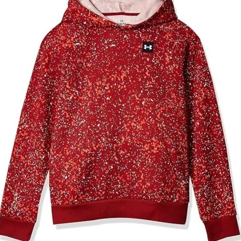 Under Armour Boys YXL Rival Fleece Hoodie Red White Paint Splatter Print